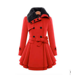 Women's stylish red coat with fur collar and belted waist, featuring a unique flared design.