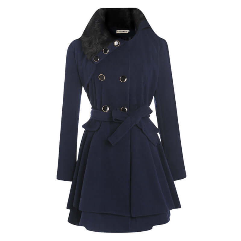 Women's stylish navy coat with double-breasted design and belt, featuring a chic collar.
