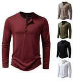 Men's Long-sleeved T-shirt Fashion Casual Solid Color Pullover Button Top Autumn And Spring Clothing - My Store