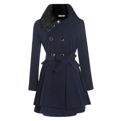 Women's stylish navy coat with double-breasted design and belt, featuring a chic collar.