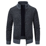 Thickened Plaid Print Jacket Cardigan Fashion Slim Fit Zipper Stand Collar Sweater Winter Men's Casual Long Sleeve Knitted Top Clothing - My Store