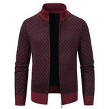 Thickened Plaid Print Jacket Cardigan Fashion Slim Fit Zipper Stand Collar Sweater Winter Men's Casual Long Sleeve Knitted Top Clothing - My Store