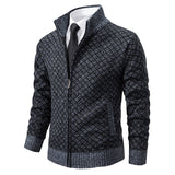Thickened Plaid Print Jacket Cardigan Fashion Slim Fit Zipper Stand Collar Sweater Winter Men's Casual Long Sleeve Knitted Top Clothing - My Store