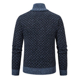 Thickened Plaid Print Jacket Cardigan Fashion Slim Fit Zipper Stand Collar Sweater Winter Men's Casual Long Sleeve Knitted Top Clothing - My Store