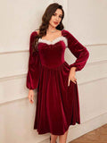 Women's Vintage Christmas Party Long Sleeve Red Velvet Dress Square Collar Dress Elegant Slimming Waist Autumn Women's Clothing