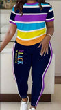 Women Fashionable Colorful Stripe Print T-shirt And Pants Casual Set