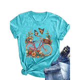 Women's Bicycle Floral Butterfly Print T-Shirt - Artistic Casual Crewneck Summer Tee