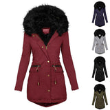 Women's Plush Hooded Parkas Winter Warm Thick  Zip-up Jackets Casual Mid-length Solid Buckle Pockets Coat Outerwear Clothing