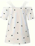 New Summer Short-sleeved Lace Heart Print T-shirt Women's Top