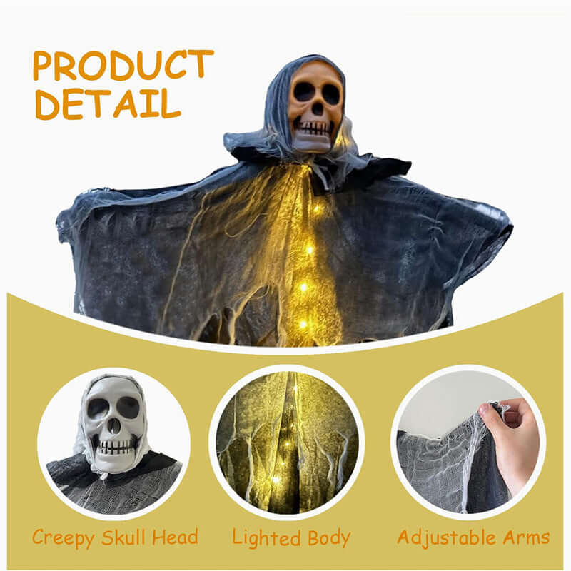 Halloween Decorations Horror Hanging Ghost Skull Skeleton Prop with lighted body and adjustable arms