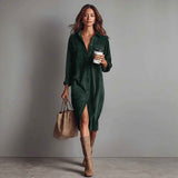 Turn-Down Collar Buttons Chic Casual Dress, Women Spring Autumn Solid Simple Party Dress, Long Sleeve Holiday Ladies Dress