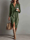 Turn-Down Collar Buttons Chic Casual Dress, Women Spring Autumn Solid Simple Party Dress, Long Sleeve Holiday Ladies Dress