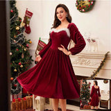 Women's Vintage Christmas Party Long Sleeve Red Velvet Dress Square Collar Dress Elegant Slimming Waist Autumn Women's Clothing