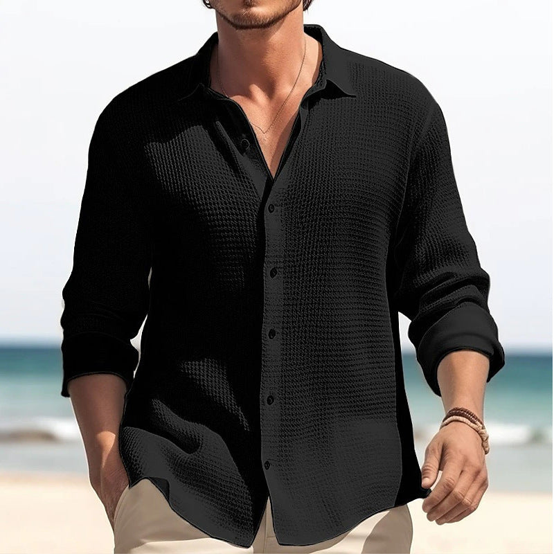 Men's Lapel Long Sleeve Shirt Fashion Solid Single Brea