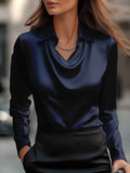 Women's Swing Collar Draped Shirts & Blouses Elegant Solid Satin Office Ladies Top Pullover Spring Long Sleeve Casual Tops