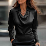 Women's Swing Collar Draped Shirts & Blouses Elegant Solid Satin Office Ladies Top Pullover Spring Long Sleeve Casual Tops