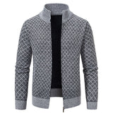 Thickened Plaid Print Jacket Cardigan Fashion Slim Fit Zipper Stand Collar Sweater Winter Men's Casual Long Sleeve Knitted Top Clothing - My Store