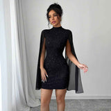 Women's Sexy Elegant Evening Party Dresses Round Neck Pit Stripe Pearl Chiffon Cape Sleeve Wrapped Hip Dress