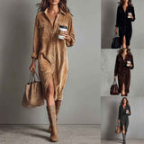Turn-Down Collar Buttons Chic Casual Dress, Women Spring Autumn Solid Simple Party Dress, Long Sleeve Holiday Ladies Dress