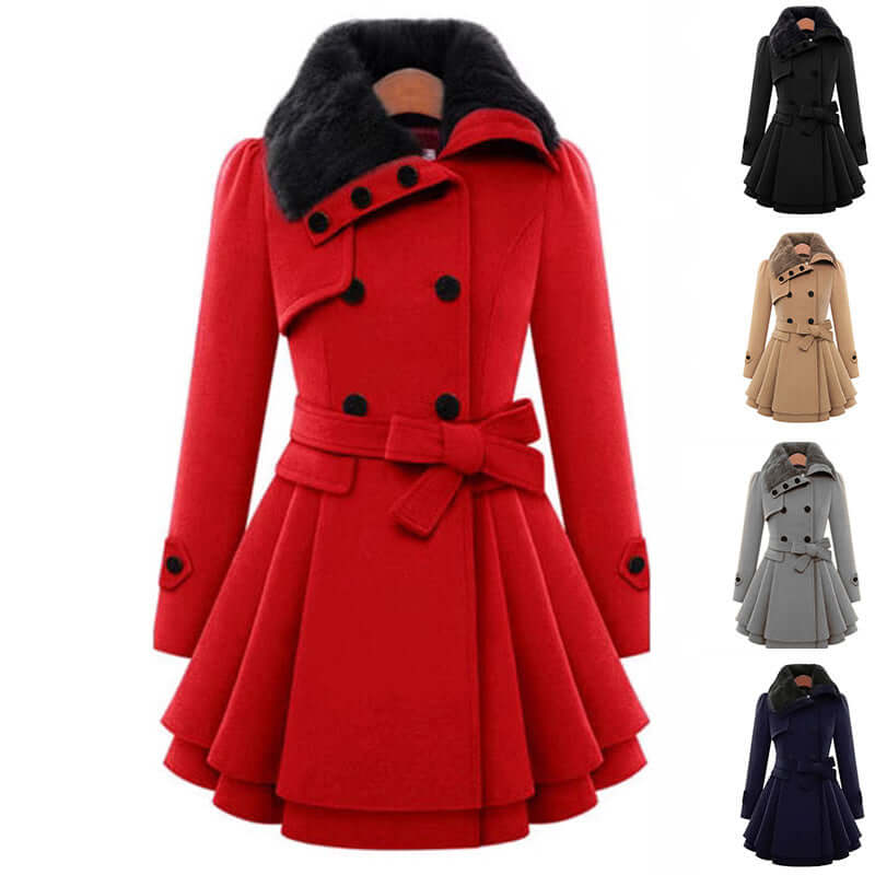Women's stylish red coat with fur collar and flared skirt, available in multiple colors.