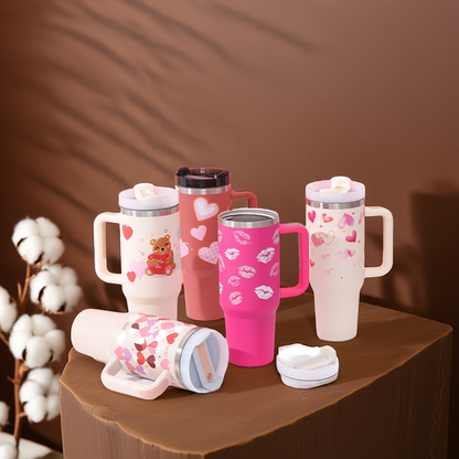 40 Oz Tumbler With Handle Straw Insulated, Stainless Steel Spill Proof Vacuum Coffee Cup Tumbler With Lid Tapered Mug Gifts For Valentine Lover Suitable For Car Gym Office Travel
